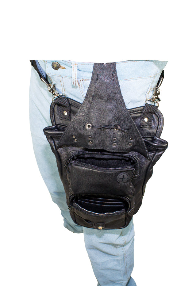 Black Naked Cowhide Leather Multi-Pocket Laced Thigh Bag W/ Extra Layer Of Protection