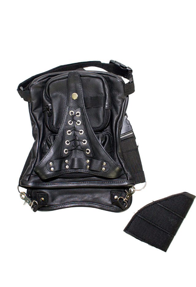 Black Naked Cowhide Leather Multi-Pocket Laced Thigh Bag W/ Extra Layer Of Protection