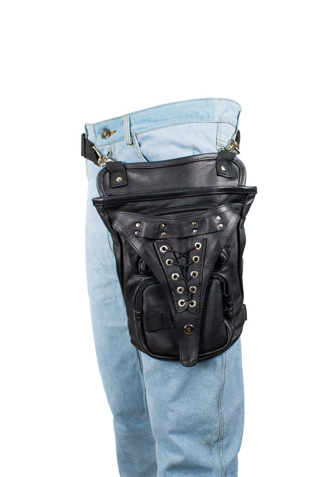 Black Naked Cowhide Leather Multi-Pocket Laced Thigh Bag W/ Extra Layer Of Protection