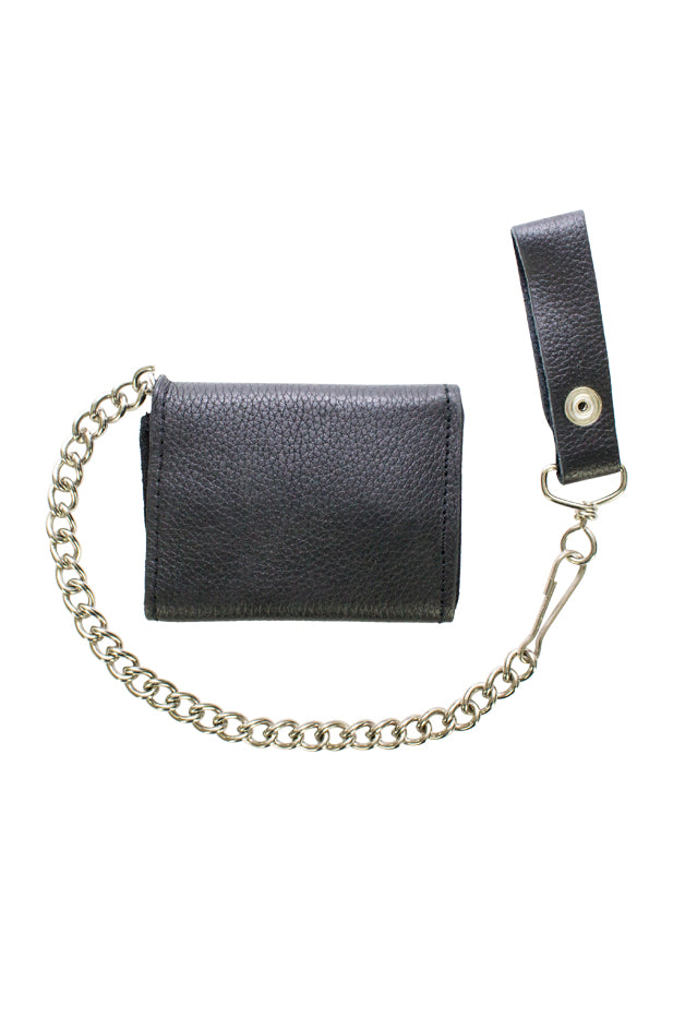 Plain Black Biker Tri-Fold Chain Wallet