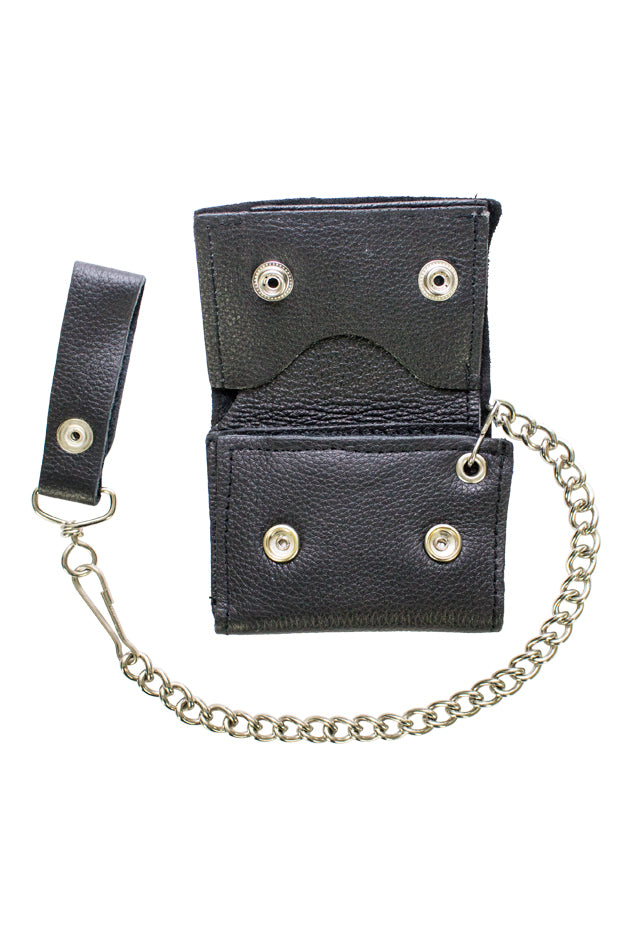 Plain Black Biker Tri-Fold Chain Wallet