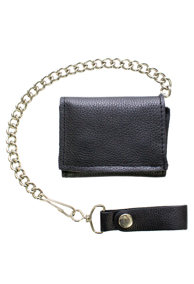 Plain Black Biker Tri-Fold Chain Wallet