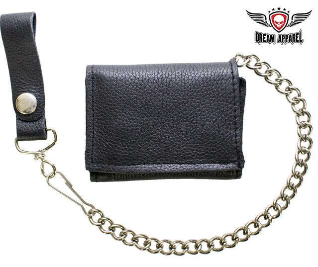 Plain Black Biker Tri-Fold Chain Wallet