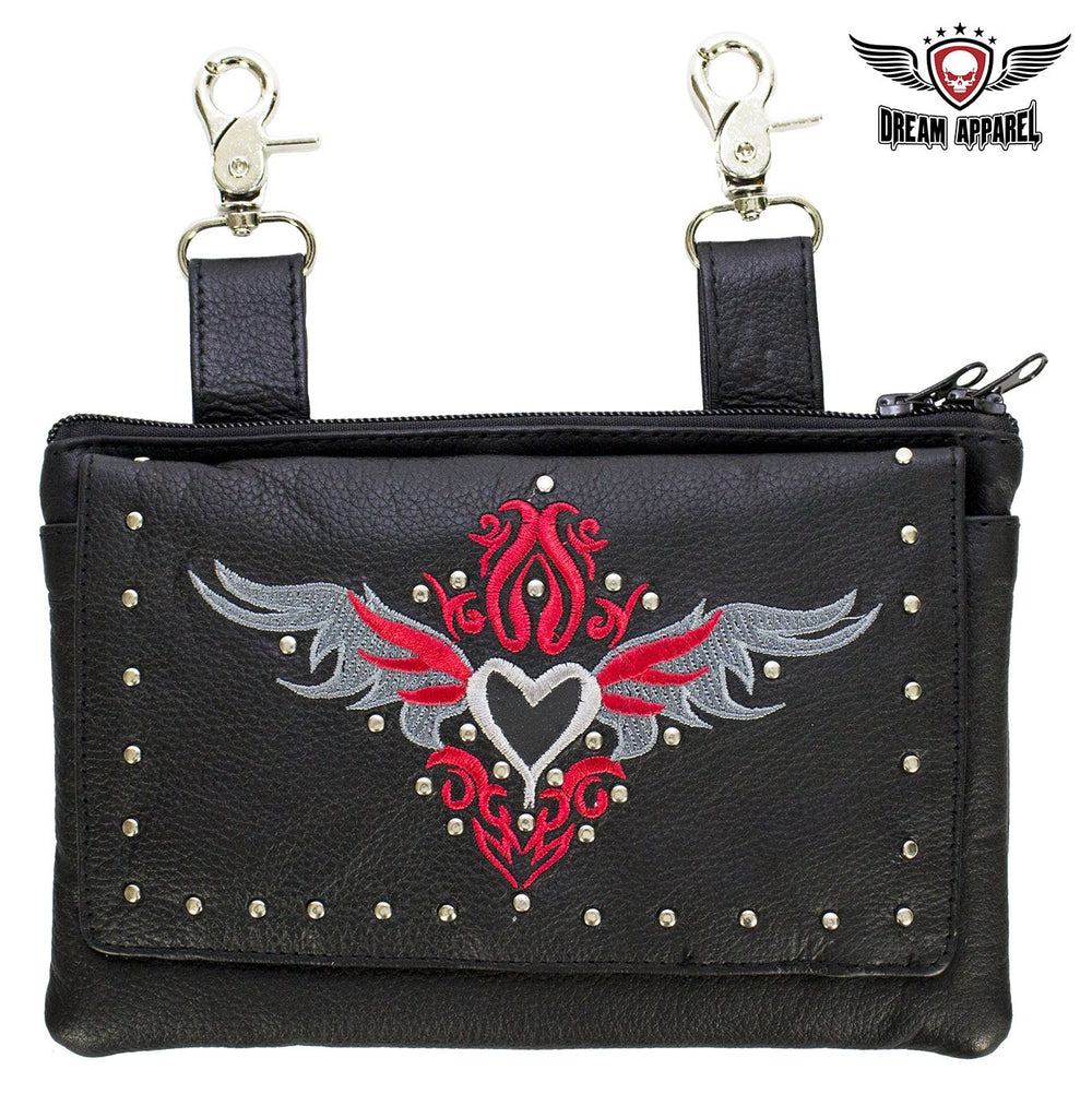 All Naked Cowhide Leather Belt Bag with Red/Gray Heart and Studs