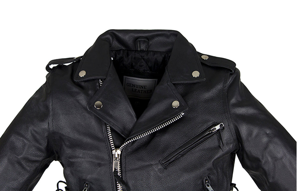 Teens Leather Motorcycle Jacket With Snap Down Collar