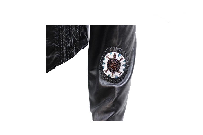 Women's Black Leather Jacket With Beads, Studs, Bone & Fringe