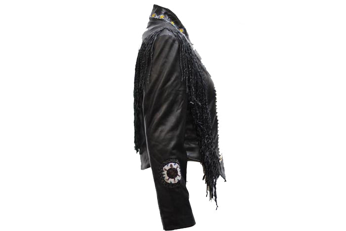 Women's Black Leather Jacket With Beads, Studs, Bone & Fringe