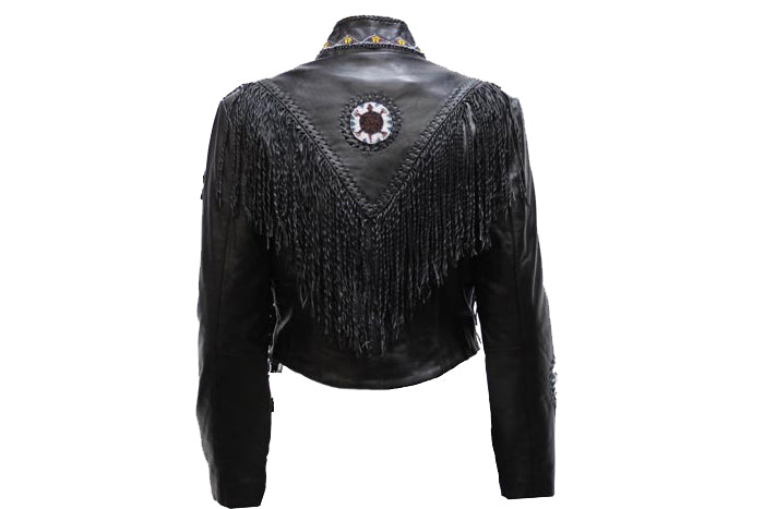Women's Black Leather Jacket With Beads, Studs, Bone & Fringe
