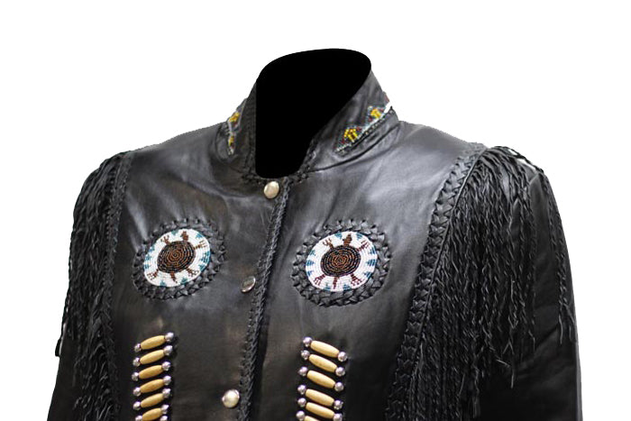 Women's Black Leather Jacket With Beads, Studs, Bone & Fringe