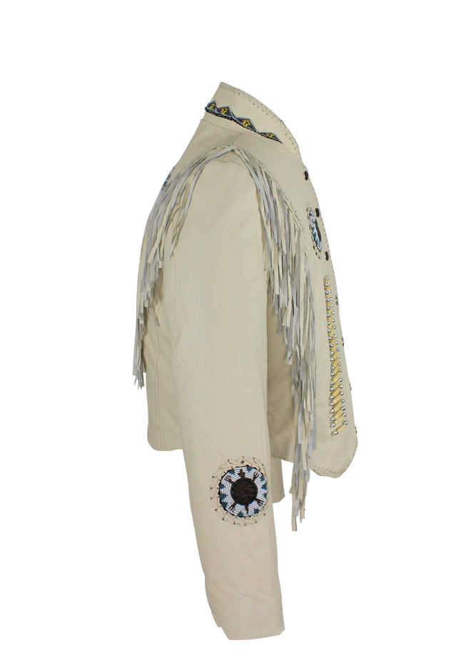 Women's Beige Leather Jacket With Beads, Studs, Bone & Fringe