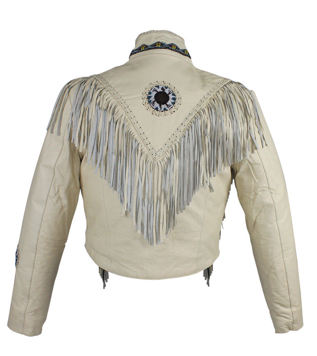 Women's Beige Leather Jacket With Beads, Studs, Bone & Fringe