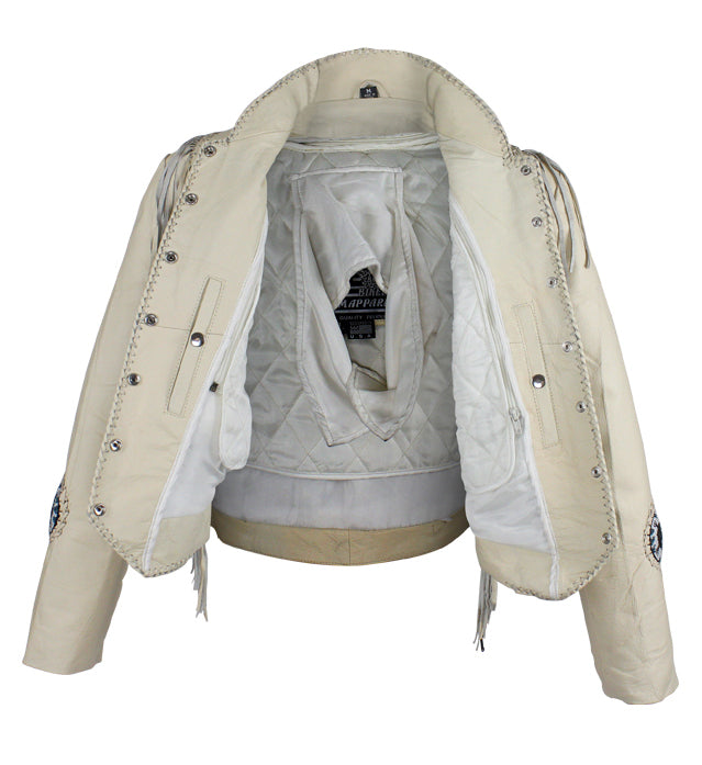 Women's Beige Leather Jacket With Beads, Studs, Bone & Fringe