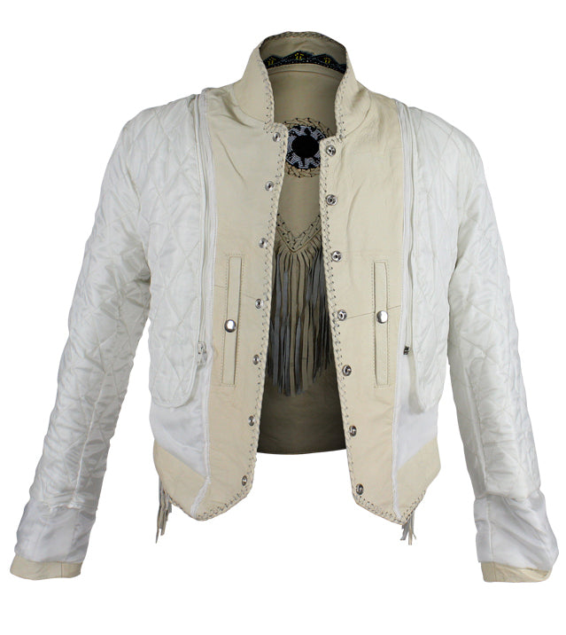 Women's Beige Leather Jacket With Beads, Studs, Bone & Fringe