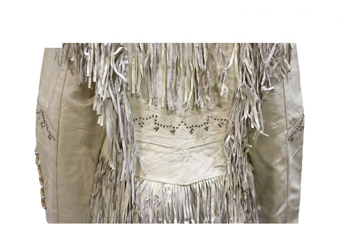 Womens Off White Leather Jacket With Beads, Studs, Bone & Fringe With Snaps