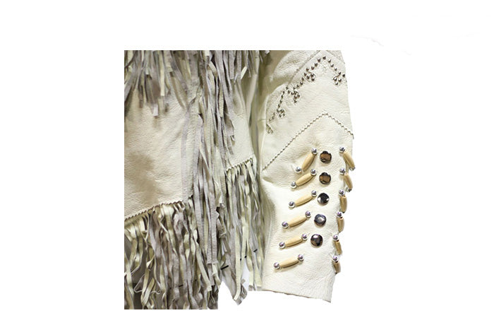 Womens Off White Leather Jacket With Beads, Studs, Bone & Fringe With Snaps