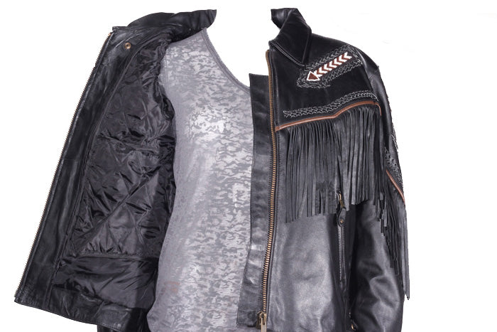 Womens Leather Jacket With Braid & Fringe