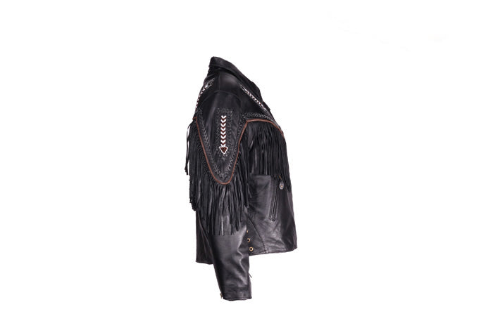 Womens Leather Jacket With Braid & Fringe