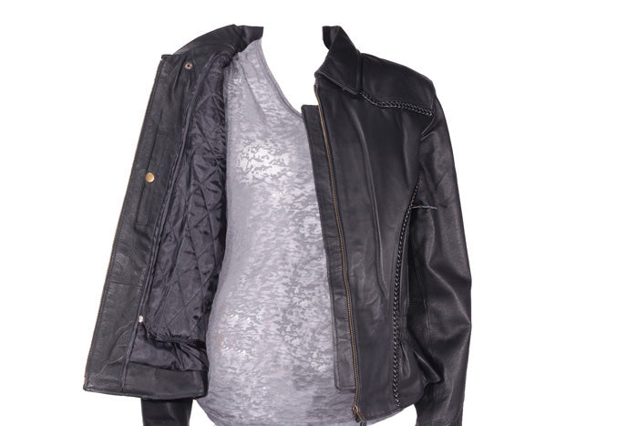 Womens Leather Jacket With Braid On Front & Back