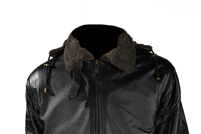 Black Zippered Hooded Leather Fur Jacket