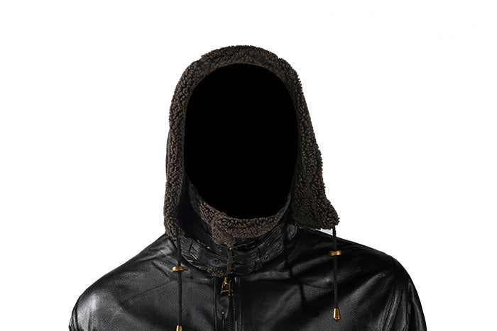 Black Zippered Hooded Leather Fur Jacket