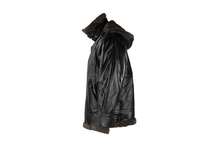 Black Zippered Hooded Leather Fur Jacket