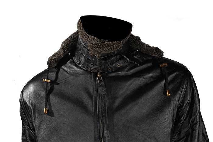 Black Zippered Hooded Leather Fur Jacket