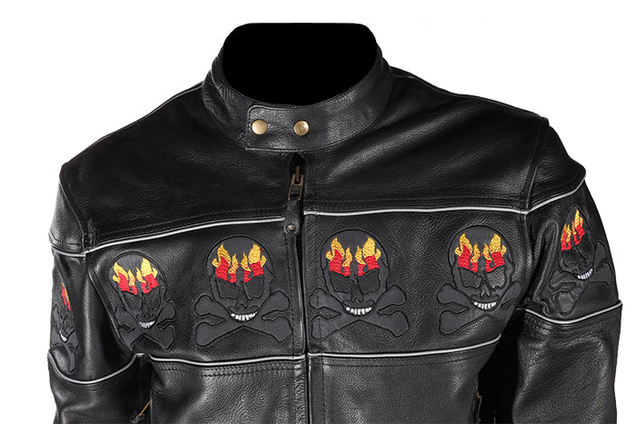 Mens Black Racer Leather Motorcycle Jacket With Flaming Reflective Skulls