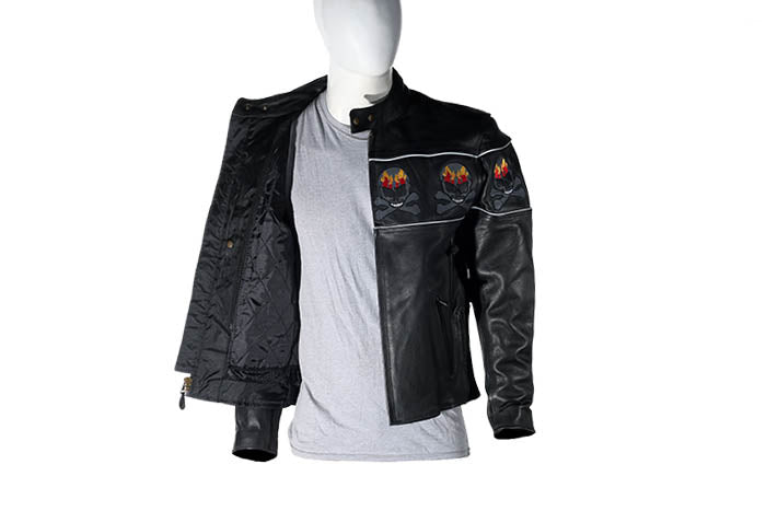 Mens Black Racer Leather Motorcycle Jacket With Flaming Reflective Skulls
