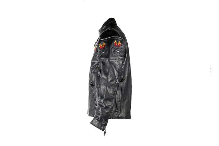 Mens Black Racer Leather Motorcycle Jacket With Flaming Reflective Skulls