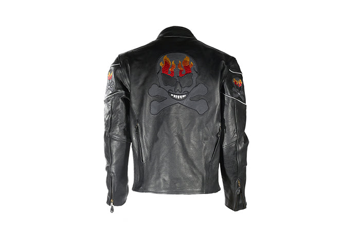 Mens Black Racer Leather Motorcycle Jacket With Flaming Reflective Skulls