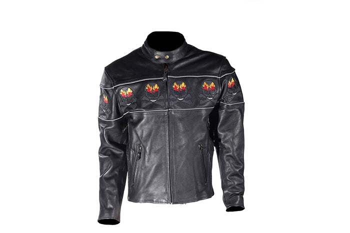Mens Black Racer Leather Motorcycle Jacket With Flaming Reflective Skulls