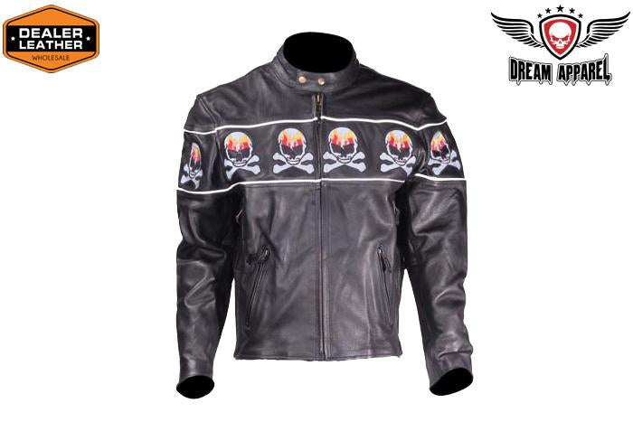 Mens Black Racer Leather Motorcycle Jacket With Flaming Reflective Skulls