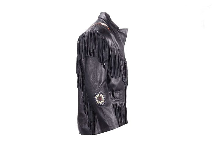 Mens Western Style Motorcycle Jacket With Fringes & Beads