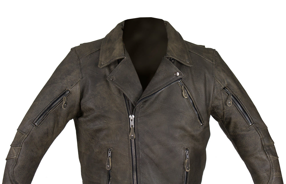 Distressed Brown Racer Jacket with Extra-Large Gun Pockets