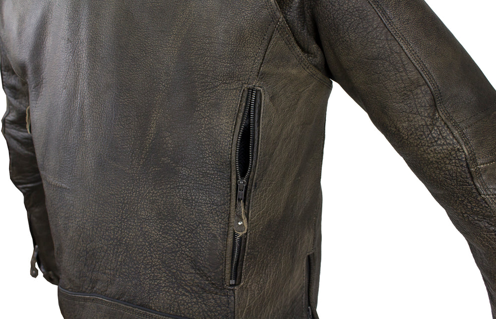 Distressed Brown Racer Jacket with Extra-Large Gun Pockets