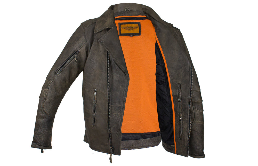Distressed Brown Racer Jacket with Extra-Large Gun Pockets