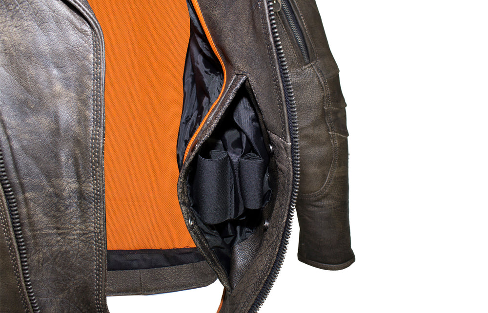 Distressed Brown Racer Jacket with Extra-Large Gun Pockets
