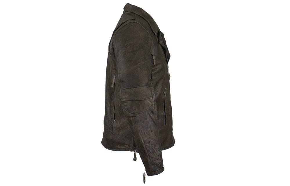 Distressed Brown Racer Jacket with Extra-Large Gun Pockets