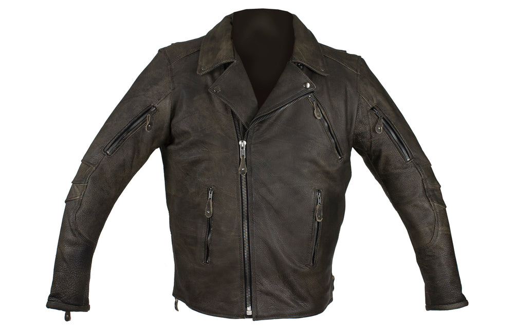 Distressed Brown Racer Jacket with Extra-Large Gun Pockets